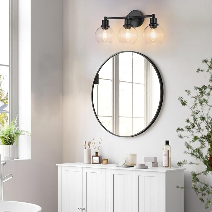 Bathroom Vanity Light 3 Light, Black Bathroom Light Fixtures with Clear Globe Glass Shade, Matted Black Wall Sconce Over Mirror for Kitchen, Living Room