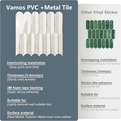 Vamos Tile Peel and Stick Backsplash Seamless Tile for Kitchen and Bathroom,1-Sheet White and Glossy Wooden Marble PVC Mixed Light Gold Self Adhesive Fish Scale Metal Mosaic Tiles