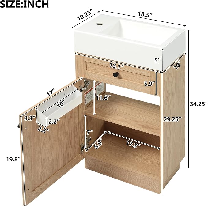 Merax Modern Rustic 18.5'' Bathroom Vanity with Resin Sink, Solid Wood Bathroom Storage Cabinet with Adjustable Shelf & Reversible Door for Small Spaces, Natural