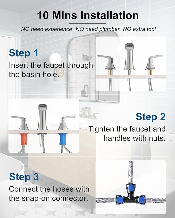 Brushed Nickel Bathroom Faucets, Brass Widespread Waterfall Faucet for Bathroom Sink, 3 Hole Bathroom Sink Faucet, 8 Inch 2 Handle Bathroom Vanity Faucets with Pop-up Drain for Lavatory RV