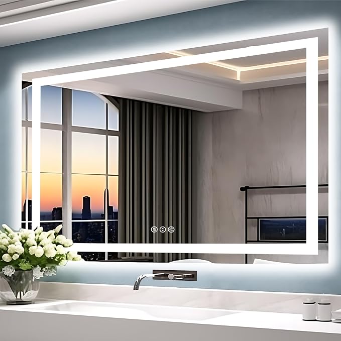 EchosLife 55"x40" Bathroom Mirror with LED Lights | Backlit + Front Lit, Anti-Fog, Stepless Dimmable, 3 Colors, Memory, Tempered Glass, UL Listed, Horizontal/Vertical