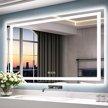 EchosLife 55"x40" Bathroom Mirror with LED Lights | Backlit + Front Lit, Anti-Fog, Stepless Dimmable, 3 Colors, Memory, Tempered Glass, UL Listed, Horizontal/Vertical