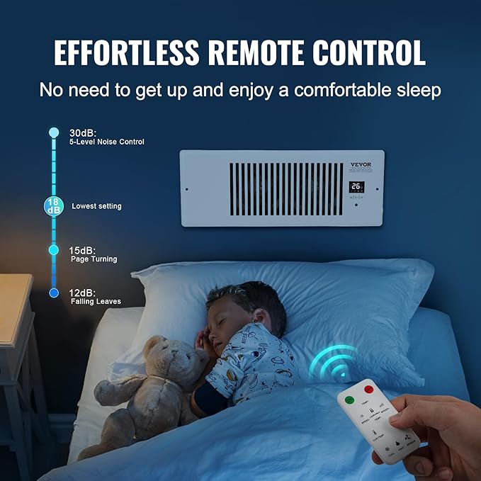 VEVOR Register Booster Fan, Quiet Vent Booster Fan Fits 4” x 12” Register Holes, with Remote Control and Thermostat Control, Adjustable 10-Speed for Heating Cooling Smart Vent, White