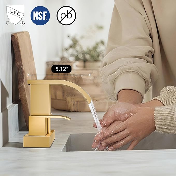 gotonovo Waterfall 4 Inch Centerset Bathroom Sink Faucet 2 Handle Basin Faucets 2 or 3 Hole Deck Mount with Pop Up Drain Included Lavatory Modern Mixer Tap Vanity Faucet Brushed Gold