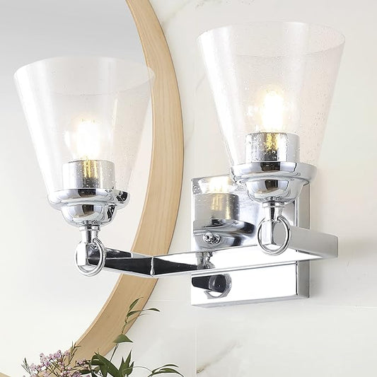 JONATHAN Y 12.75" Chrome Marion 2-Light Vanity Light Wall Sconce for Bathroom Decor, Clear Seeded Glass Shade, Reversible Hardwired Lamp for Mirror Hallway, LED Bulb (JYL7433A)