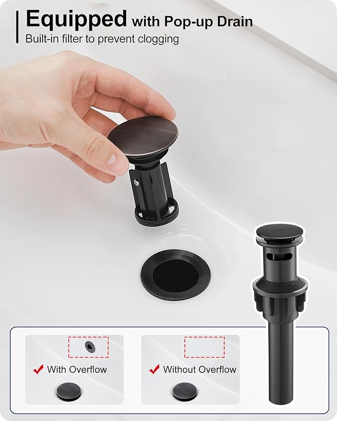 Brass One Hole Bathroom Faucet, 4 Inch Oil Rubbed Bronze Bathroom Faucets 3 Hole, Bathroom Sink Faucet Single Handle, Vanity Sink Faucet with Deck Plate, Pre-Installed Hoses, Pop-up Drain