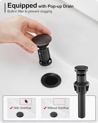Brass One Hole Bathroom Faucet, 4 Inch Oil Rubbed Bronze Bathroom Faucets 3 Hole, Bathroom Sink Faucet Single Handle, Vanity Sink Faucet with Deck Plate, Pre-Installed Hoses, Pop-up Drain