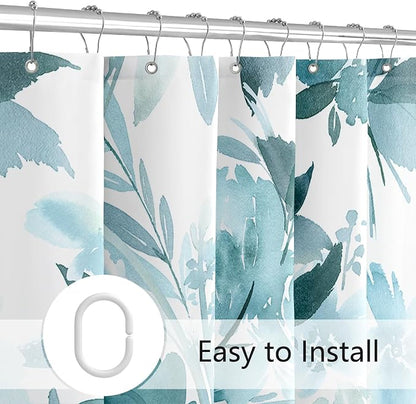 Floor to Ceiling Extra Long Flower Shower Curtain 72x96 Inch, Teal Blue | X-Long Tall 8 Ft Watercolor Floral Modern Abstract Bathroom Fabric Shower Curtain Set with Hooks