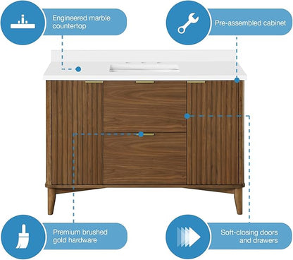 OVE Decors Indy 48 in. Undermount Single Sink Bathroom Vanity with White Engineered Marble Top, Warm Walnut
