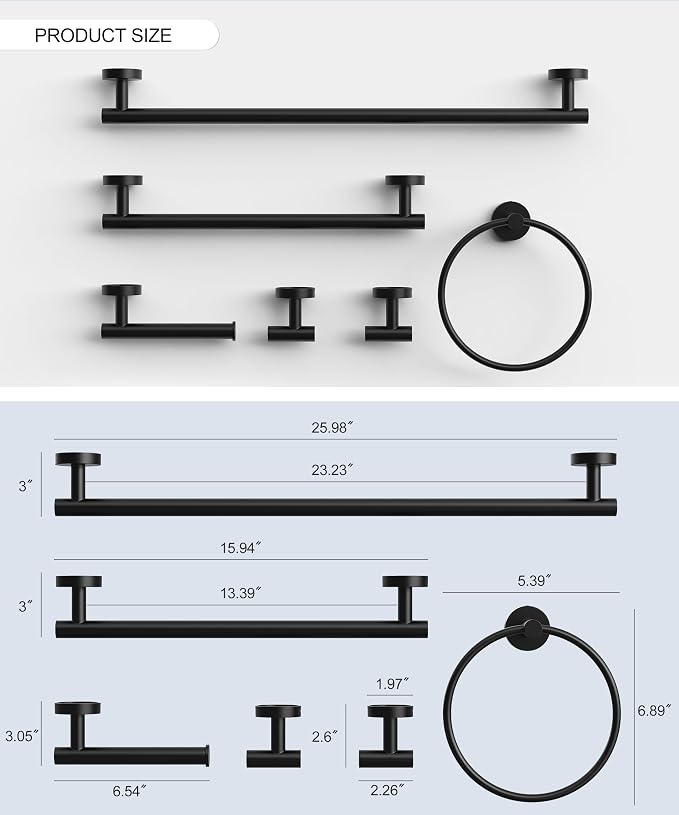 Matte Black Bathroom Hardware Accessories Set 6 Pcs | Round Towel Rack and Toilet Paper Holder Set SUS304 Stainless Steel Towel Bar Set Wall Mounted by HOMEMYSTIQUE