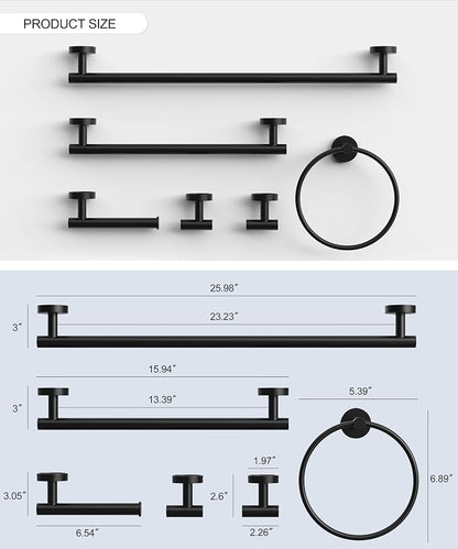Matte Black Bathroom Hardware Accessories Set 6 Pcs | Round Towel Rack and Toilet Paper Holder Set SUS304 Stainless Steel Towel Bar Set Wall Mounted by HOMEMYSTIQUE
