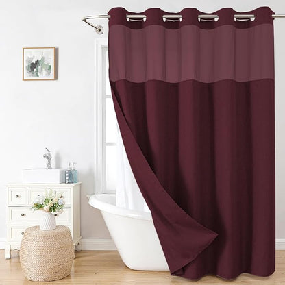 eachope No Hook Fabric Shower Curtain with Snap-in Liner,71x74 Burgundy | Linen Texture,230GSM Thick Fabric,Hotel Luxury Decor,Mesh Window,Bottom magnetic ,Waterproof & Machine Washable,for Bathroom