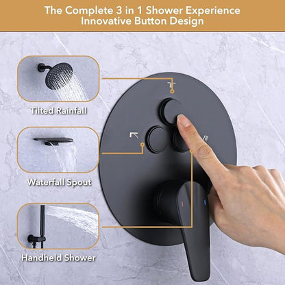 VANFOXLE Shower Faucet Set Matte Black Shower System, Push Button Diverter | 8 Inch Wall Mount Head, 2-in-1 Handheld Sprayer, 9 Inch Bathtub Waterfall Spout, Solid Brass Valve, Rust Resistant