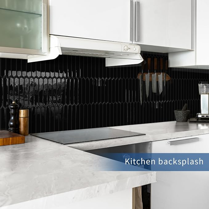 10 Sheets Long Hexagon Tile Peel and Stick Backsplash | Self-Adhesive Wall Tiles Stick on Back Splash for Kitchen, Bathroom, Fireplace,RV(Black,12"×12")
