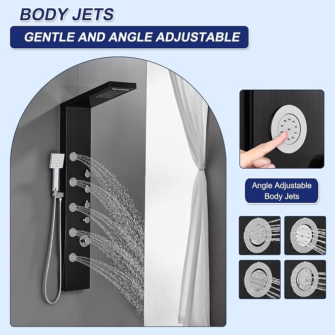 ROVATE 4-in-1 Rainfall Waterfall Shower Panel Tower System, Black | Shower Column with Body Massage Jets and Handheld, Stainless Steel High Pressure, Use Multiple Functions Simultaneously
