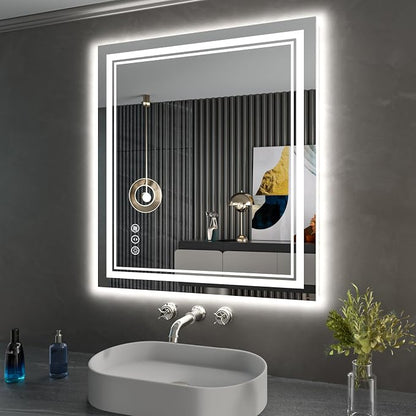 28x32 Inch LED Bathroom Mirror with Lights | Front and Backlit, 3 Colors, Dimmable, Memory, Anti Fog, Shatterproof, Horizontal/Vertical, Lighted Mirrors for Bathroom Wall