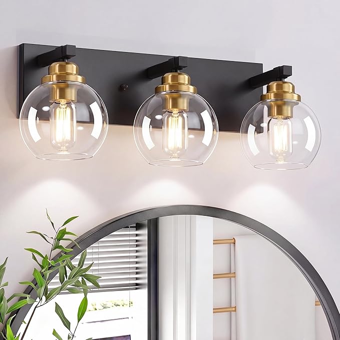 LmnLvn Bathroom Light Fixtures, Farmhouse Black & Gold Metal with Globe | 3-Light Rustic Vanity Lights,Easy To Install, Mounted Over Mirror for Bathroom, Bedroom & Hallway