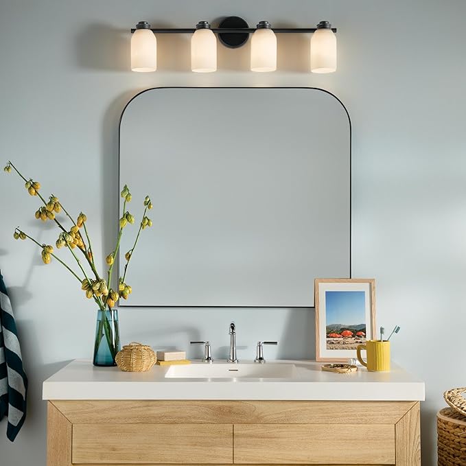 Kichler Shae 32.25" 4-Light Vanity Light with White Opal Glass in Black, for Bathroom Vanity, Powder Room, Over a Mirror, (32.25" W x 9" H), 55203BK