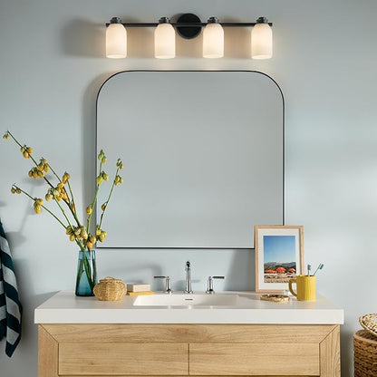 Kichler Shae 32.25" 4-Light Vanity Light with White Opal Glass in Black, for Bathroom Vanity, Powder Room, Over a Mirror, (32.25" W x 9" H), 55203BK