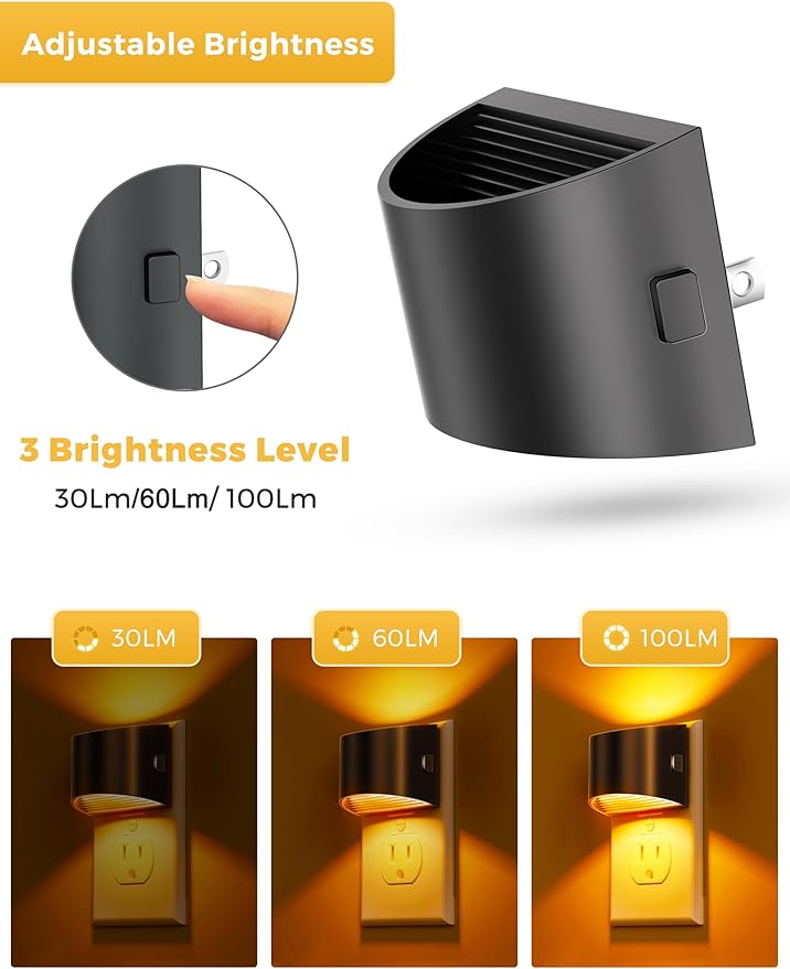 L LOHAS LED Night Light 2 Pack, Night Lights Plug into Wall, 1600K Amber | Dusk to Dawn Sensor Nightlight, 3 Level Brightness Adjustable, Mood Lighting