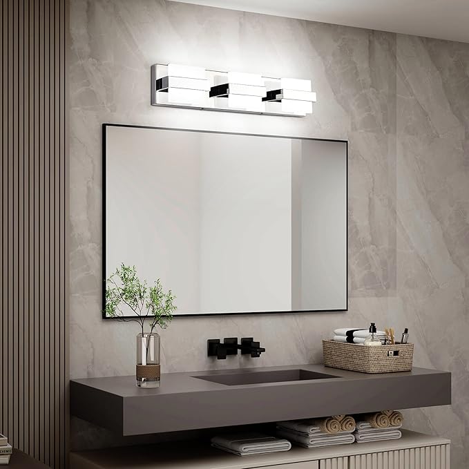 SOLFART Vanity Lights for Bathroom, Dimmable Bathroom Light Fixtures, Chrome 3 Lights Vanity Lights for Bathroom, High-End Modern LED Light