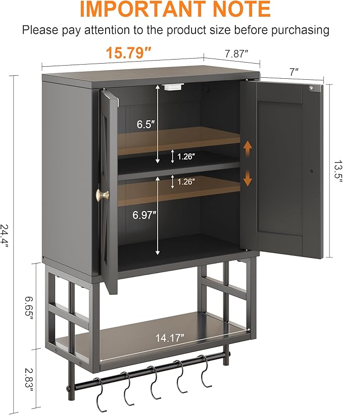 Farmhouse Medicine Cabinet - 3-Tier Wall Mounted Storage Organizer with Adjustable Shelves, Towel Bar, 5 Hooks for Small Bathroom, Laundry Room, Over Toilet, Living Room, Bedroom (Black)