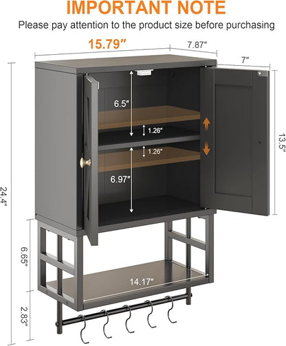 Farmhouse Medicine Cabinet - 3-Tier Wall Mounted Storage Organizer with Adjustable Shelves, Towel Bar, 5 Hooks for Small Bathroom, Laundry Room, Over Toilet, Living Room, Bedroom (Black)