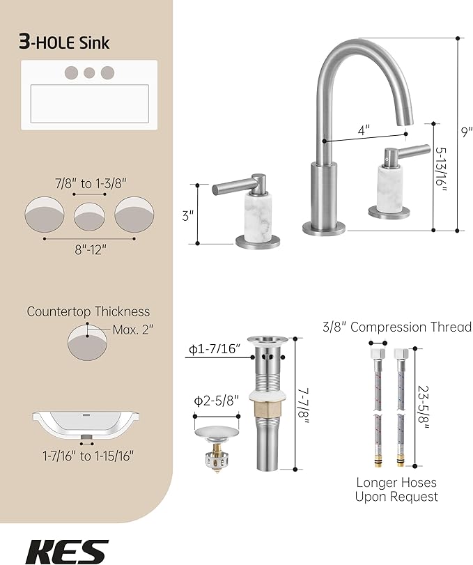 KES Natural Italian Carrara Marble Brushed Nickel Bathroom Faucet 3 Hole with All Metal Pop Up Sink Drain, 8 Inch Widespread Bathroom Sink Faucet for Vanity, 360° Swivel Spout, 18/8 Stainless Steel