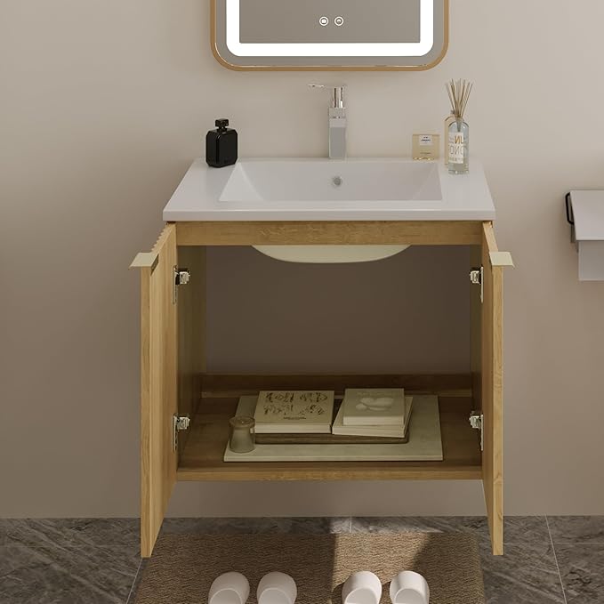 Modern Bathroom Vanity with Wavy Textured Doors - Wall Mounted Floating Cabinet, Soft-Close Waterproof Storage for Small Bathroom, Easy Install (Nature Without Sink, 24)