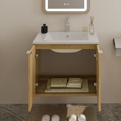 Modern Bathroom Vanity with Wavy Textured Doors - Wall Mounted Floating Cabinet, Soft-Close Waterproof Storage for Small Bathroom, Easy Install (Nature Without Sink, 24)
