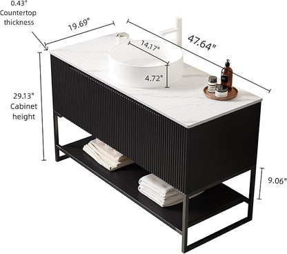Ambrovina 48" Bathroom Vanity with Sink, Freestanding Bathroom Storage Cabinet with 3 Doors and Open Shelf, White Round Ceramic Basin and Carrara White Sintered Stone Countertop, Gloss Black