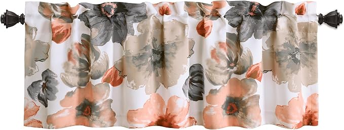 Lush Decor Leah Floral Light Filtering Valance, 52" W x 18" L, Coral & Gray - Valances for Windows - Parisian Decor - Farmhouse Kitchen Curtains Valance