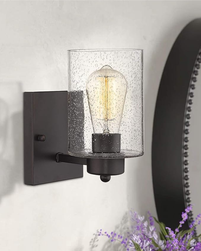 Beionxii Vanity Wall Sconces, Bathroom Vanity Light with Seeded Glass Shade | 2-Pack Wall Lights, Farmhouse Vanity Lights, Rustic Restroom Lighting Fixtures for Bedroom Living Room Hallway, BXMB9002-1-2P