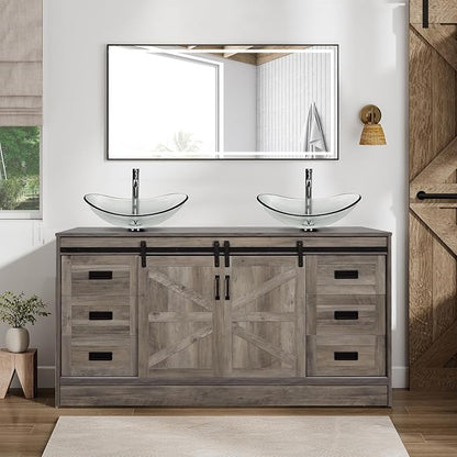 60" Barn Door Bathroom Vanity with 6 Drawers and Two Doors, Farmhouse Style Standing Pedestal Cabinet with Two Clear Boat Glass Vessel Sinks