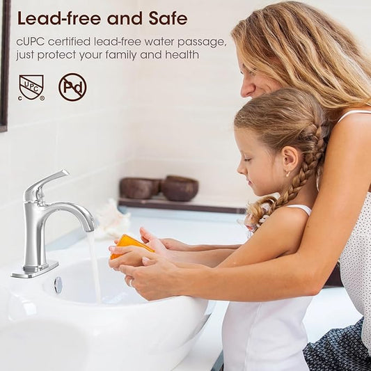 Polished Chrome Single Hole Bathroom Faucet, Single Handle Brass Bathroom Sink Faucet, Lavatory Vanity Faucet for 1 or 3 Holes, Bathroom Faucets with Pop Up Drain and Supply Lines, Deck Plate