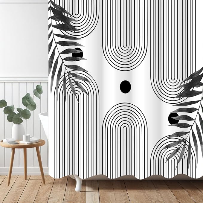 Boho Mid Century Modern Shower Curtain, Abstract Arch Leaf Minimalist Sun Black and White Machine Washable Waterproof Fabric for Bathroom Bathtub with Hooks 60Wx72H