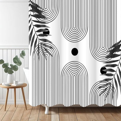 Boho Mid Century Modern Shower Curtain, Abstract Arch Leaf Minimalist Sun Black and White Machine Washable Waterproof Fabric for Bathroom Bathtub with Hooks 60Wx72H