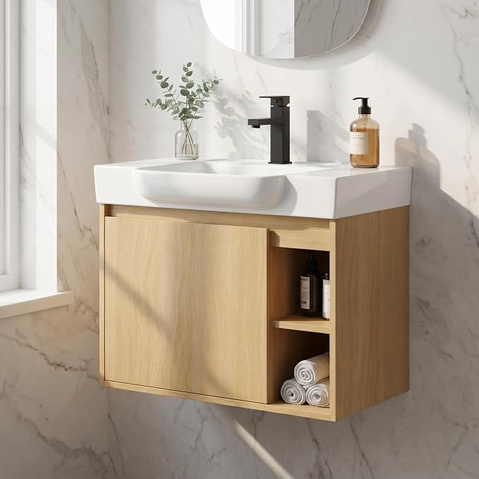 28" Bathroom Vanity with Sink, Wall-Mounted Cabinet, Light Oak | Ceramic Sink, Soft-Close Door & 2 Open Storage Shelves, Modern Farmhouse Sink Cabinet, Easy to Clean for Small Bathroom