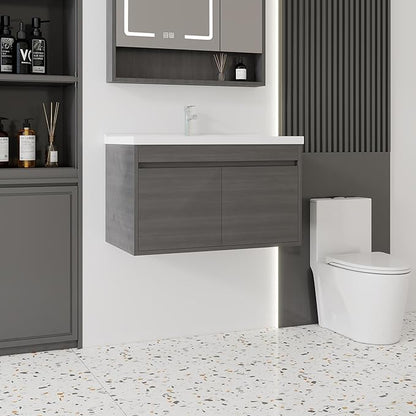 32'' Bathroom Vanity with Ceramic Sink Combo, Wall Mounted Small Bathroom Vanity with Soft-Close Door Modern Floating Cabinet, Pop-up Drain, P-Trap Included, GreyWalnut(No Faucet)
