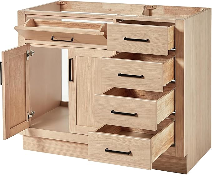 ARIEL Hepburn 42-inch Bathroom Vanity Base Cabinet,Solid Wood, 2 Soft Closing Doors, 5 Dovetail Drawers, White Oak