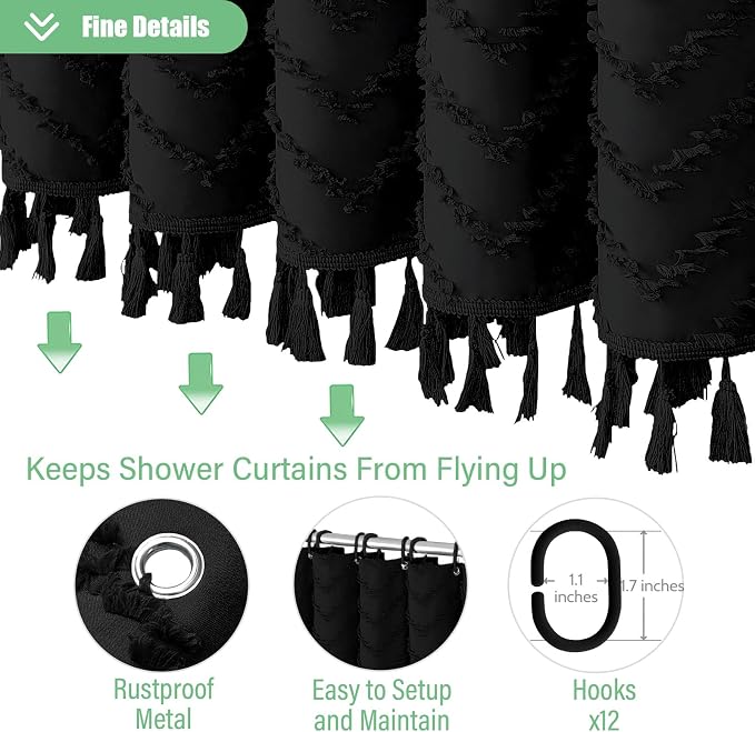 Long Boho Farmhouse Shower Curtain Tufted Chevron 72"x78" Black | 78 Inch Tall, Elegant Tassel, Lightweight Textured Fabric, Water Repellent, Washable, Hotel Spa, for Bathroom/Dorm 12 Hooks