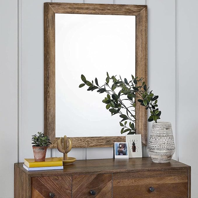 AAZZKANG Rustic Wood Mirror Rectangle Decorative Wall Mirrors with Frame Large 26"x18"for Bedroom Living Room Bathroom Entryway Hanging Brown | Decorative Bedroom Living Room Bathroom Entryway Hanging Brown 26"x18"