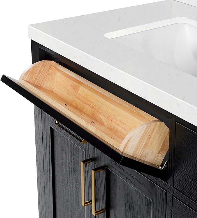 ARIEL Hepburn 66-inch Bathroom Vanity with Sink,Solid Wood, 1.5-inch Carrara White Quartz Countertop, Double Rectangular Porcelain Sink, 4 Soft Closing Doors, 6 Dovetail Drawers, Black Oak
