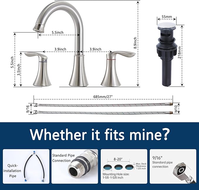 Friho Brushed Nickel Bathroom Faucet 3 Hole, Widespread 8 Inch 2 Handle Vanity Sink Faucet Set with Swivel Spout, Pop Up Drain and Water Supply Hoses