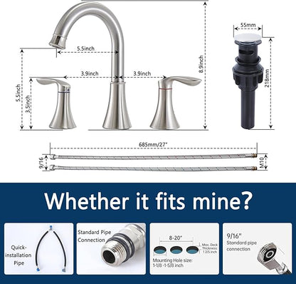 Friho Brushed Nickel Bathroom Faucet 3 Hole, Widespread 8 Inch 2 Handle Vanity Sink Faucet Set with Swivel Spout, Pop Up Drain and Water Supply Hoses