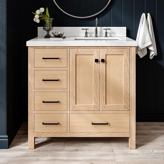 ARIEL Cambridge 36-inch Bathroom Vanity with Sink,Solid Wood, 1.5-inch Pure White Quartz Countertop, Single Rectangular Porcelain Sink, 2 Soft Closing Doors, 5 Dovetail Drawers, White Oak