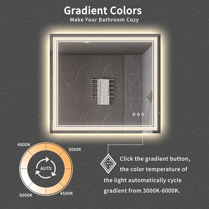 Bathroom Mirrors for Wall, 40x36 Inch Gradient Front and Backlight Lighted Mirror, 3 Colors Dimmable CRI>90 Double Lights, IP54 Enhanced Anti-Fog, Hanging Plates Wall Mount Smart Mirror