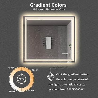 Bathroom Mirrors for Wall, 40x36 Inch Gradient Front and Backlight Lighted Mirror, 3 Colors Dimmable CRI>90 Double Lights, IP54 Enhanced Anti-Fog, Hanging Plates Wall Mount Smart Mirror