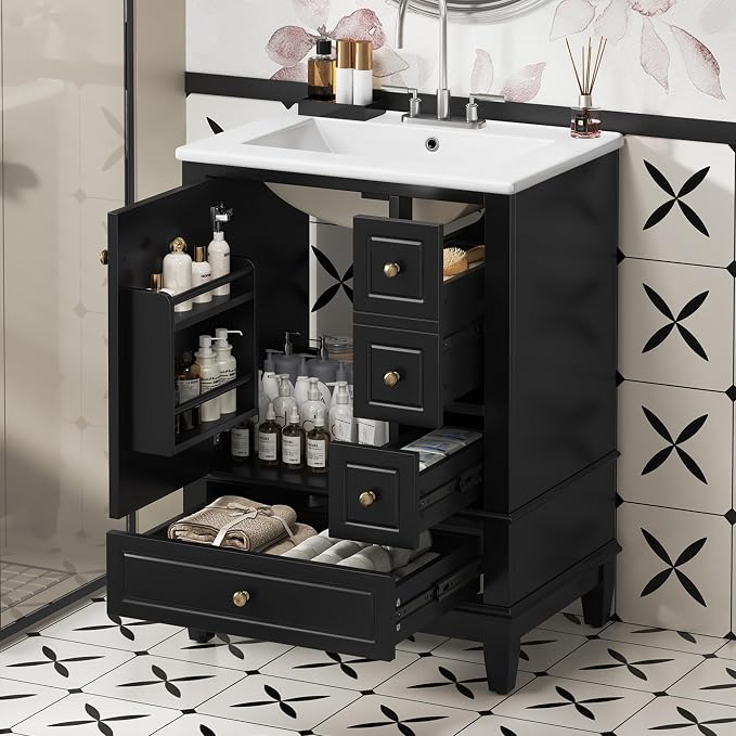 Bathroom Vanity with Ceramic Sink 24 Inch, Cabinet with One Door and Three Drawers, Soft-Closing Door, Solid Wood Legs, Black