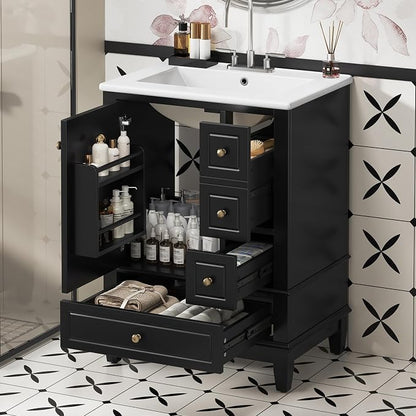 Bathroom Vanity with Ceramic Sink 24 Inch, Cabinet with One Door and Three Drawers, Soft-Closing Door, Solid Wood Legs, Black